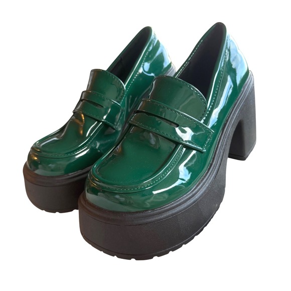 Shoes - Green Platform Loafers Chunky Lug Sole Y2K Aesthetic Dark Academia Retro US 7.5